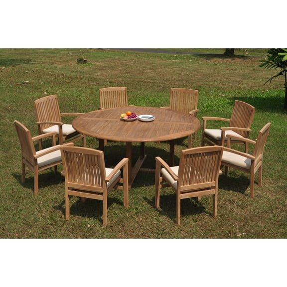 Grade-A Teak Dining Set: 8 Seater 9 Pc: 72" Round Table And 8 Wave Stacking Arm Chairs Outdoor Patio WholesaleTeak #WMWave43