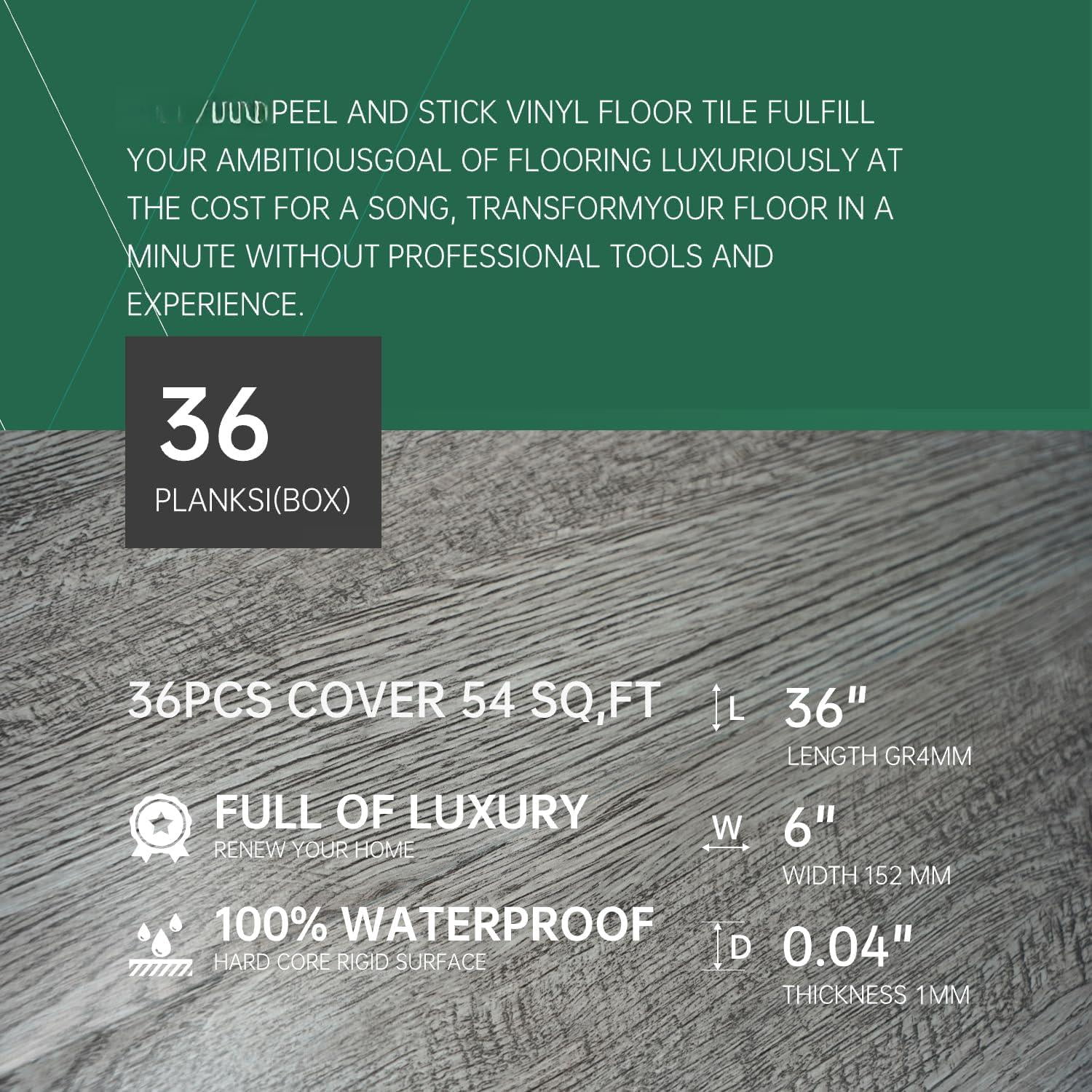Peel And Stick Vinyl Flooring 36 Pack 54 Sq.ft  Waterproof For Office Living Room Bathroom Kitchen - Design Easy To Install Floor Light Gray