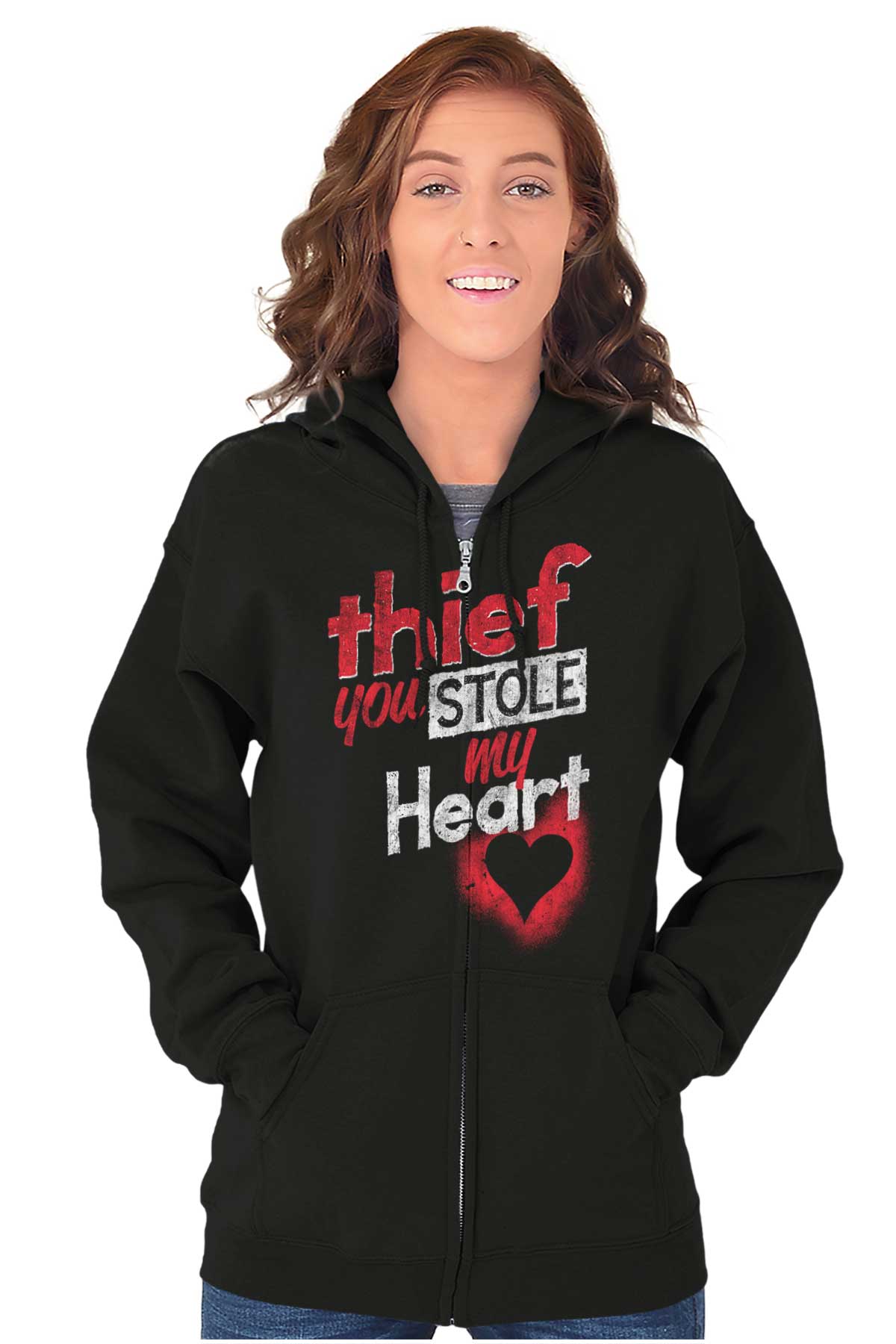 Thief Stole My Heart Valentines Day Zip Hoodie Sweatshirt Women Brisco  Brands M - Walmart.com
