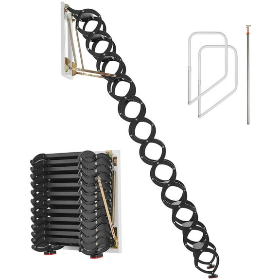 KFFKFF Wall-Mounted Attic Ladder, 660 lbs Capacity, Compatible with 9.5 to 10 ft Ceiling Heights, 12-Step Folding Steel Stairs with Handrails, Pull-Down Ladder for Attics, Garages, Roofs