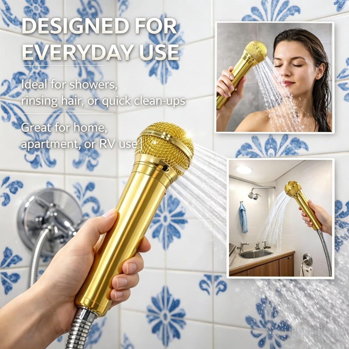 2026 High-Pressure Microphone Shower Head, Microphone-Shaped Creative Showerhead, Handheld Vintage Detachable Rain Flow, Easy Installation, Water Saving Design, Fun Bath Accessory