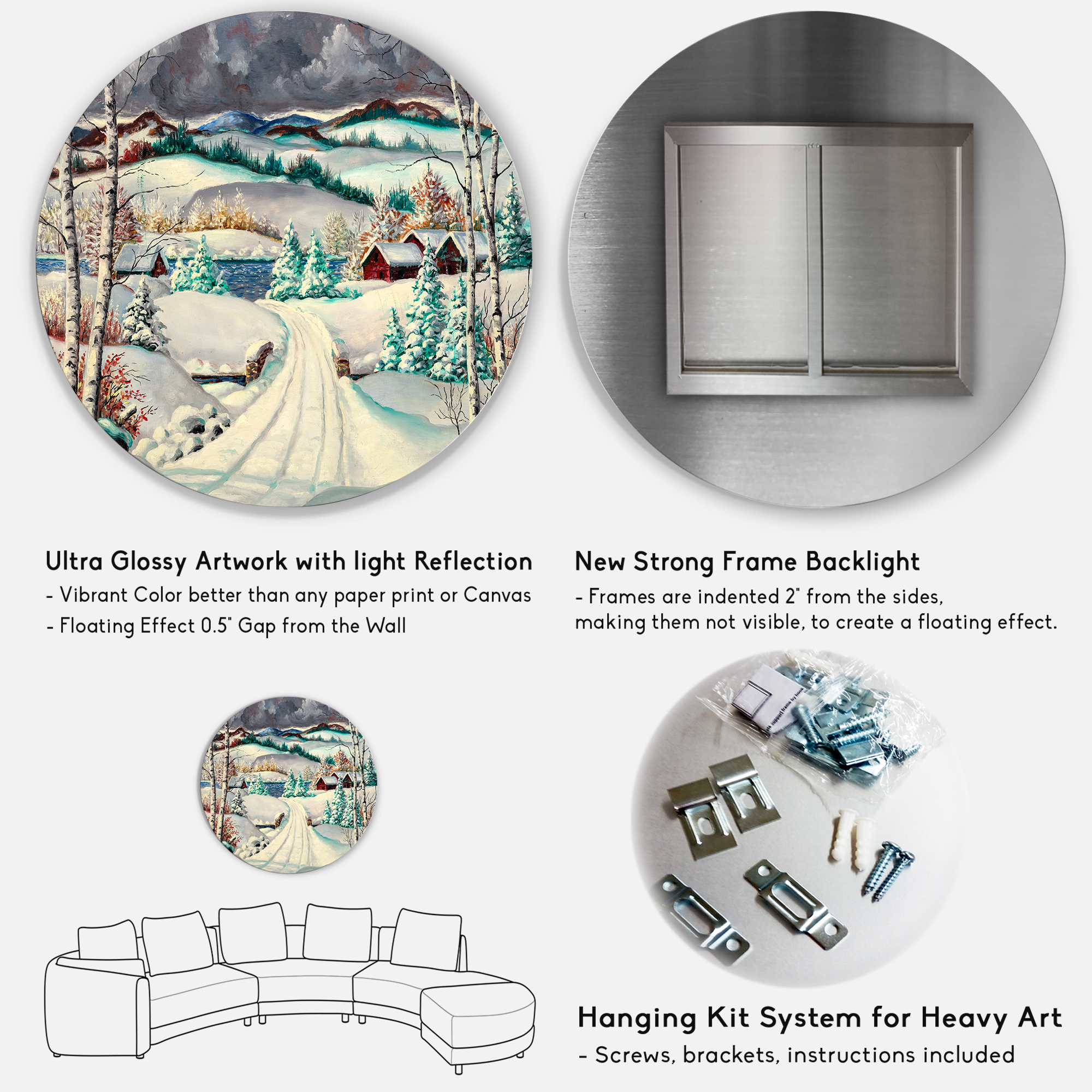 Designart 'Snowy Road In Countryside Winter Landscape' Traditional Circle Metal Wall Art 29x29 - Disc of 29