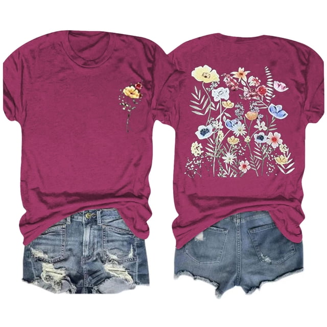 Fiudx Ropa de Mujer Blusas con Estampado de Flores Pequeñas para Mujer Top de Manga Corta con Cuello Redondo