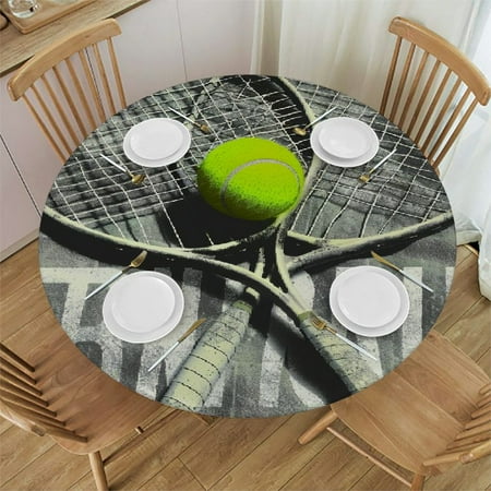 Orinice Tennis Racket Tennis Ball Towel Round Table Cover Stain Resistant Washable Indoor Outdoor Tablecloth Kitchen Dining Wedding Parties Elastic Edge 100% Polyester Fiber 31-35