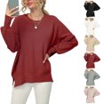 thumbnail image 4 of Ribbed Knit Pullover Sweater Batwing Long Sleeve Crewneck Side Slit Women Top for Autumn Winter Wine Red XXL, 4 of 6