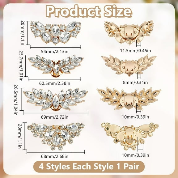 8 Pcs Wings Rhinestone Shoe Clips 4 Styles Detachable Shoe Buckles Metal Shoes Jewelry Decoration for Women Wedding Party Shoe Accessories