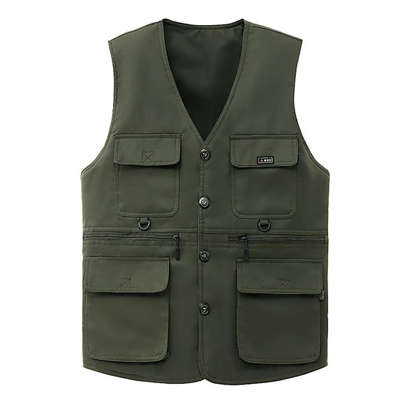 Bcfgryg Men's Plus Size Multi Pocket Vest V Neck Casual Clip Men's Lightweight Jacket Green L
