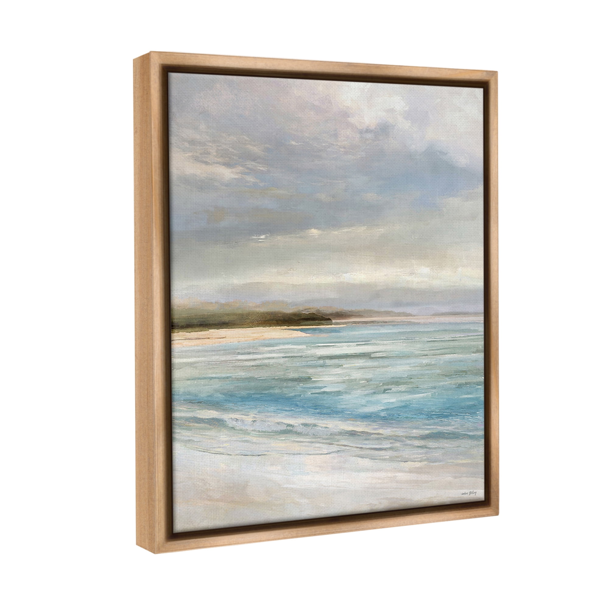 Stupell Industries Overcast Beach Scenery Landscape Painting Brown Floater Framed Canvas Art Print Wall Art, 17 x 21