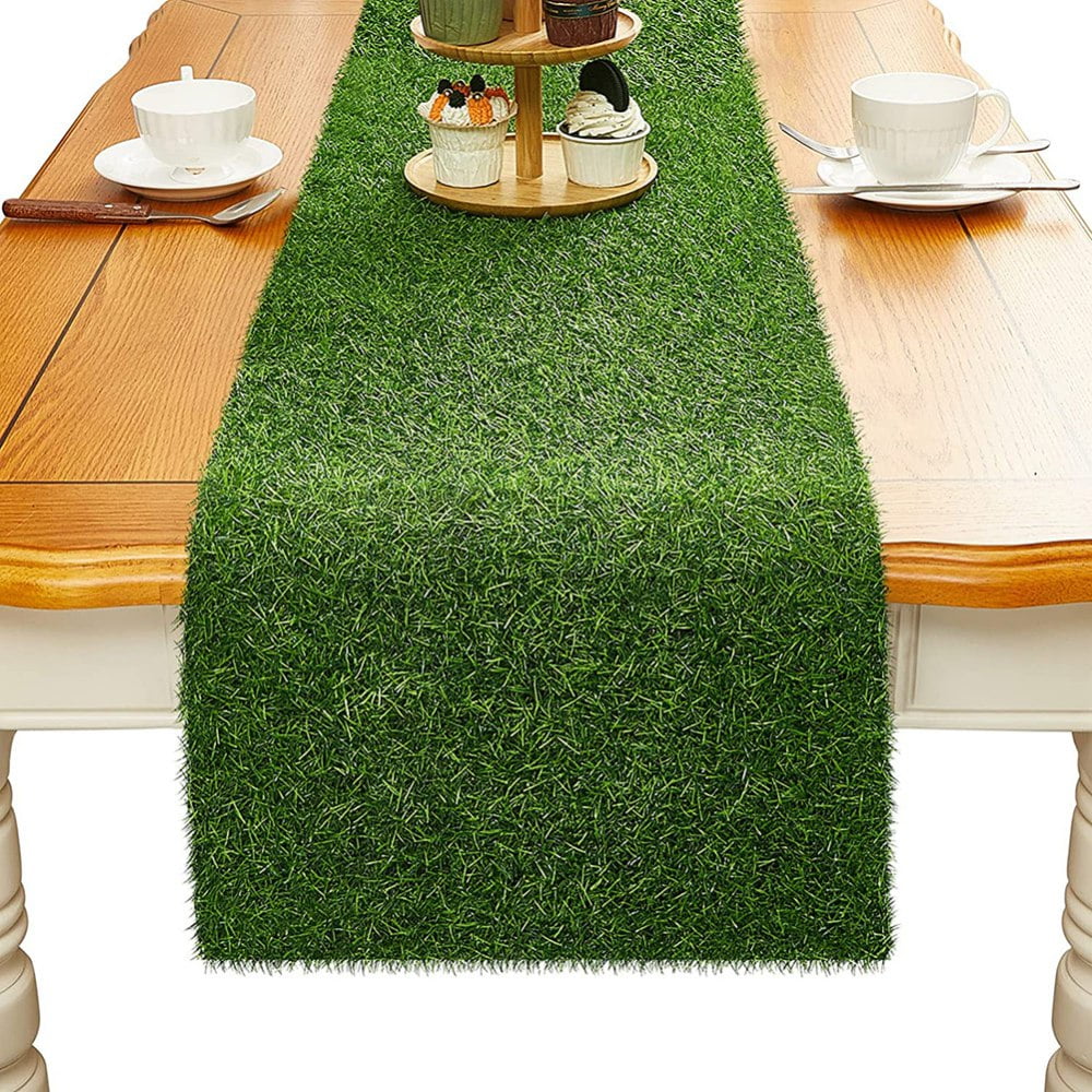 1pc Artificial Grass Design Table Runner, Green Plastic Fake Grass