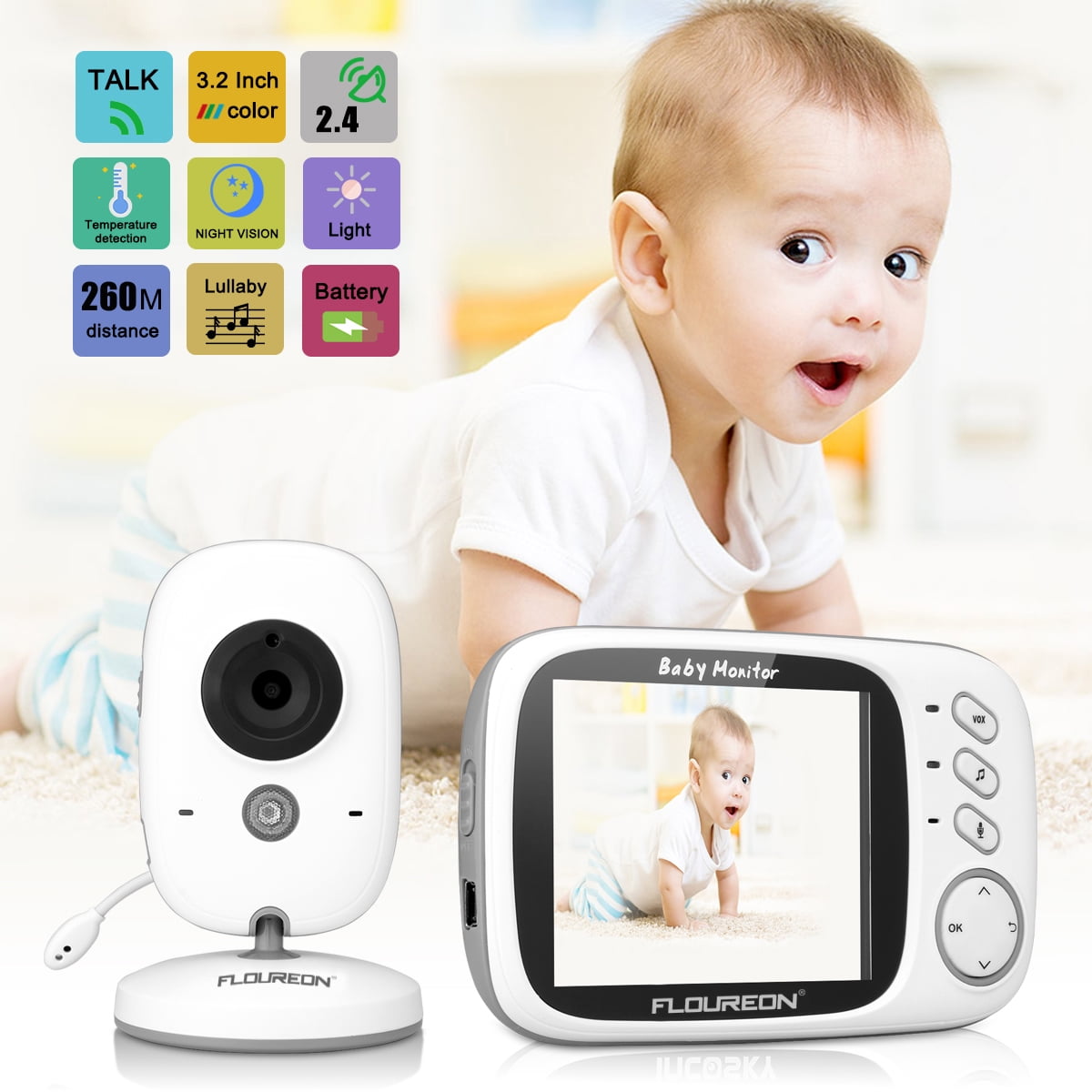 Wireless Digital Video Baby Monitor Night Vision Temperature Sensor 3.2 inch LCD 