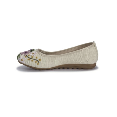 Women's Casual Non-Slip Flat Walking Shoes with Delicate Embroidery Flower Slip On Flats Shoes Round Toe Ballet
