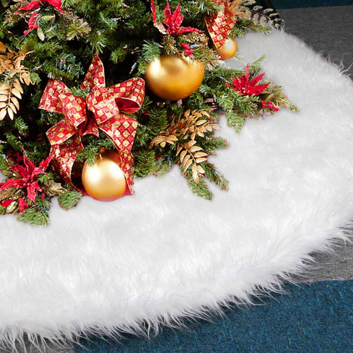 Reactionnx Christmas Tree Skirt, Xmas Tree Skirt, White Faux Fur Tree