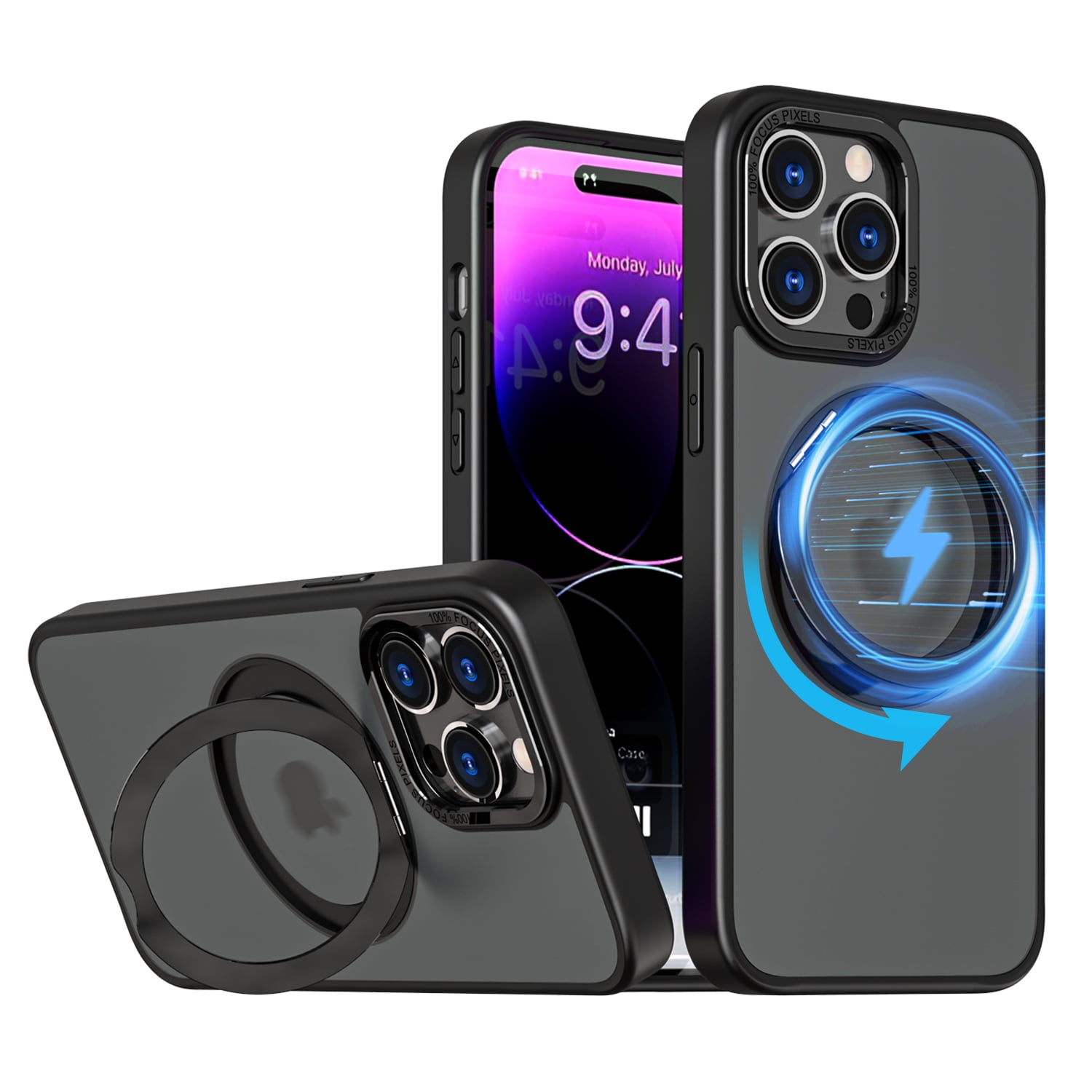 Magnetic Phone Case for iPhone 16 Plus Case, Phone Case with Magnetic Invisible Stand Kickstand Ring Holder Slim Thin Shockproof Anti-fall Translucent Bumper Women Men Cover Case,Black