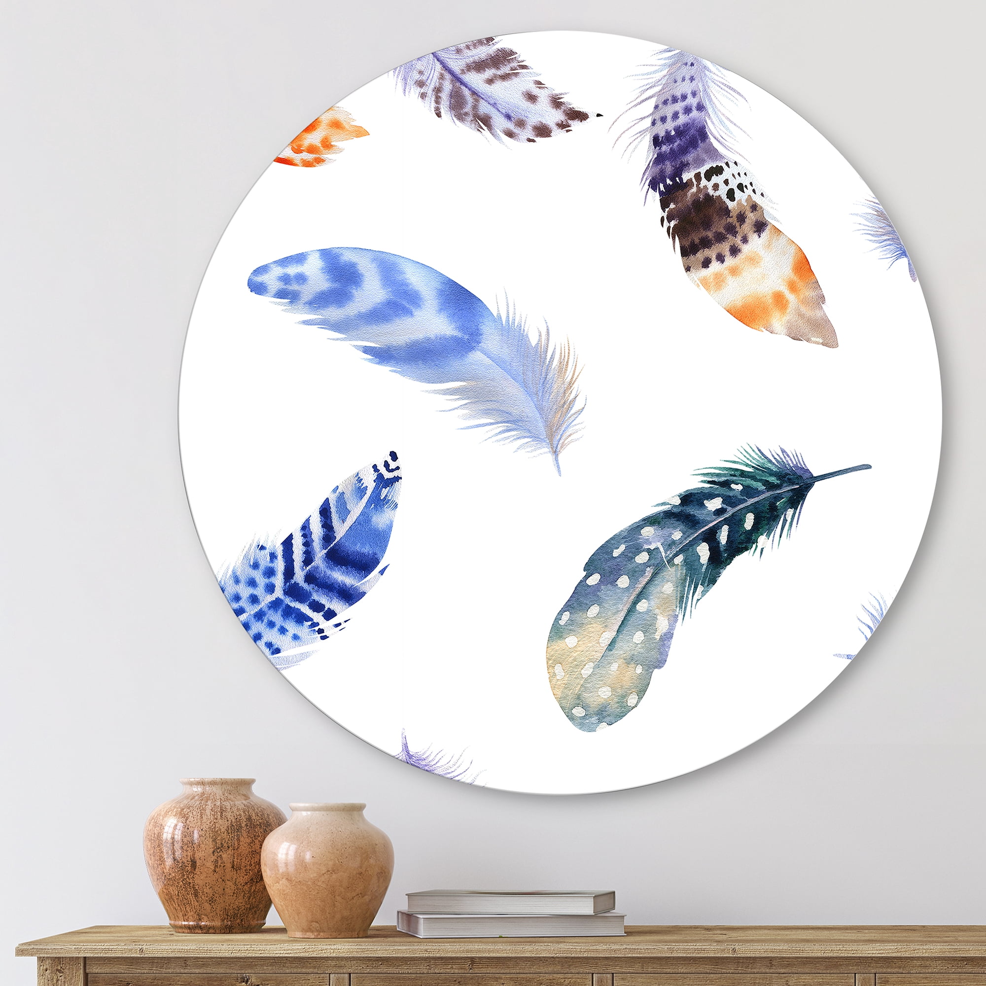Designart 'Colourful Boho Feather Set On White VII' Bohemian & Eclectic Circle Metal Wall Art 23x23 - Disc of 23