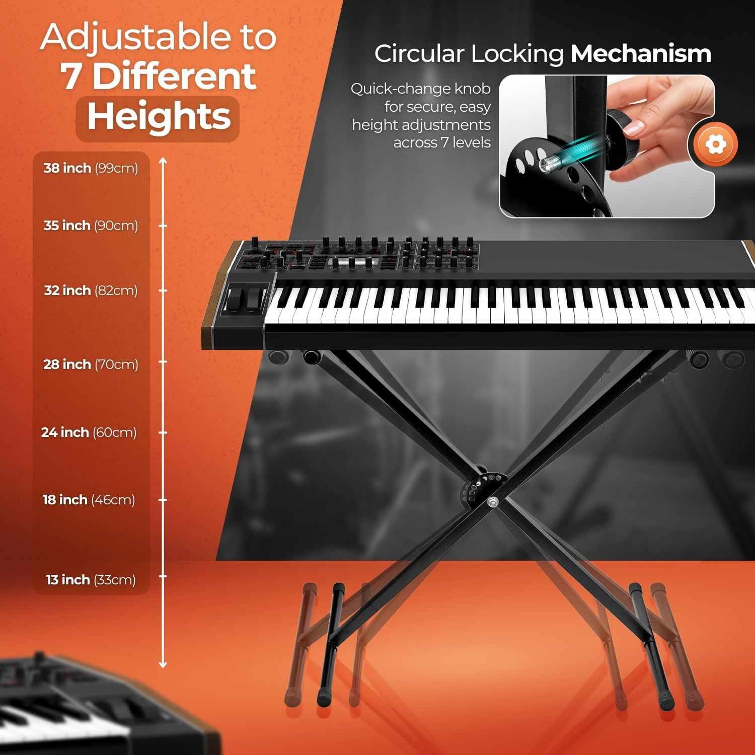 Digital Piano Keyboard Stand Musician Electric Organ Piano Stand Single Tube X Stand Type, 7 Position Folding Adjustable Height Keyboard Stands Metal Braced Rack Portable with Locking Straps