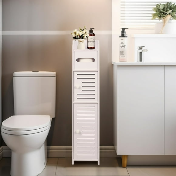 YOYTOO Bathroom Storage Cabinet with Doors and Shelves, Free Standing Toilet Paper Holders Stand Organizer for Small Spaces, White