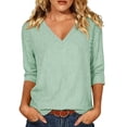 thumbnail image 2 of Kctiaxy T Shirts for Women V Neck Striped 3/4 Length Sleeve Tops Soild Color Loose Comfy Lightweight Pullover Shirts, 2 of 7