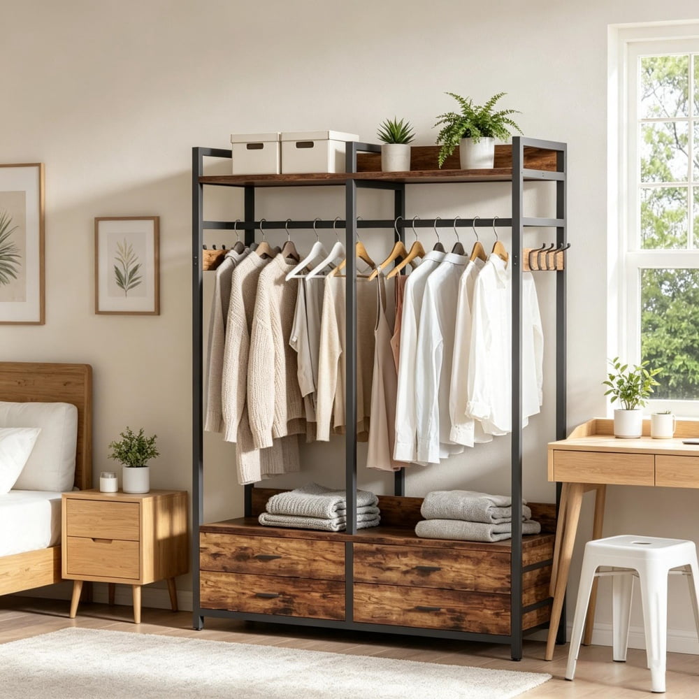 Freestanding Industrial Closet Organizer, 47" Clothing Rack with 4 Drawers, Shelves & 8 Hooks, Metal Frame Open Wardrobe with Anti-Tip Straps for Bedroom