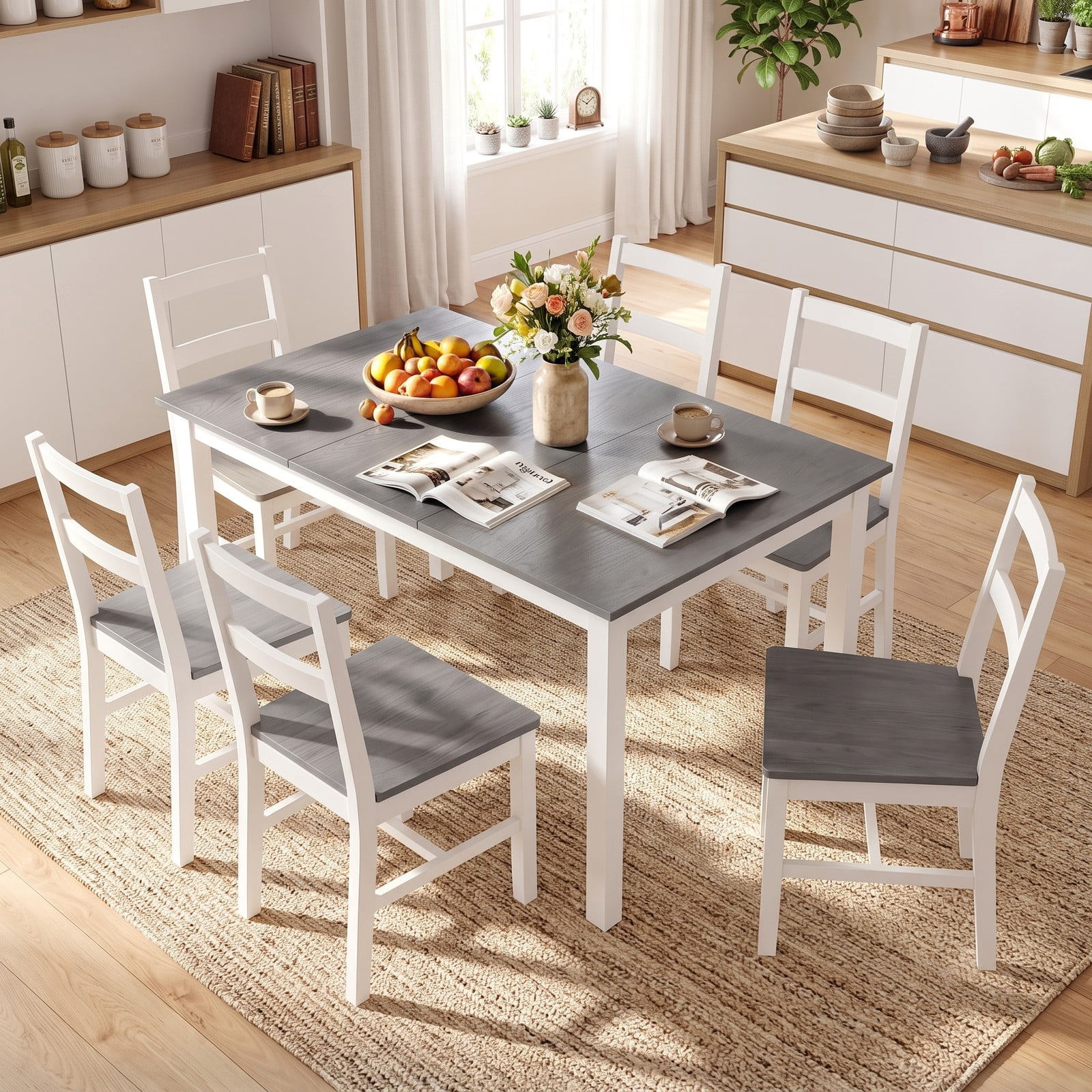 Furnibear 60 Inch Rectangular Dining Table for 6, Kitchen Dinner Table with Solid Rubber Wood Legs and Spacious Wood Grain Tabletop for Dining Room Restaurant, Gray