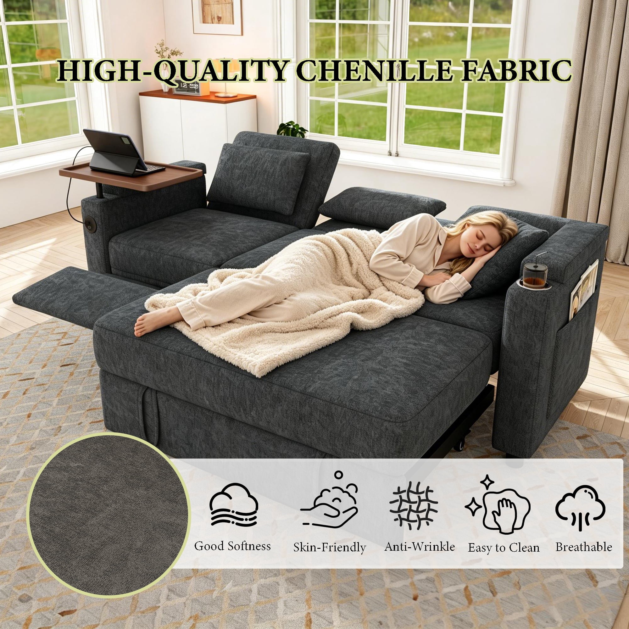 83" 3-in-1 Chenille Foldable Sofa Bed with Electric Chair,USB Ports,Table Board,Storage Armrests & Adjustable Backrest,3-Seater Sleeper,Dark Gray