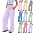 thumbnail image 7 of Womens Lounge Pants with Pockets Plaid Smocked High Waisted Wide Leg Sweatpants Beach Casual Summer Trousers (M, Light Blue), 7 of 7