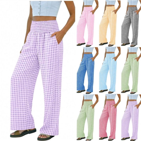 Einccm Womens High Waisted Wide Leg Pants - Checkered Casual Plaid Trousers with Pockets - Comfy Smocked Waist Flowy Bottoms for Vacation or Daily Wear