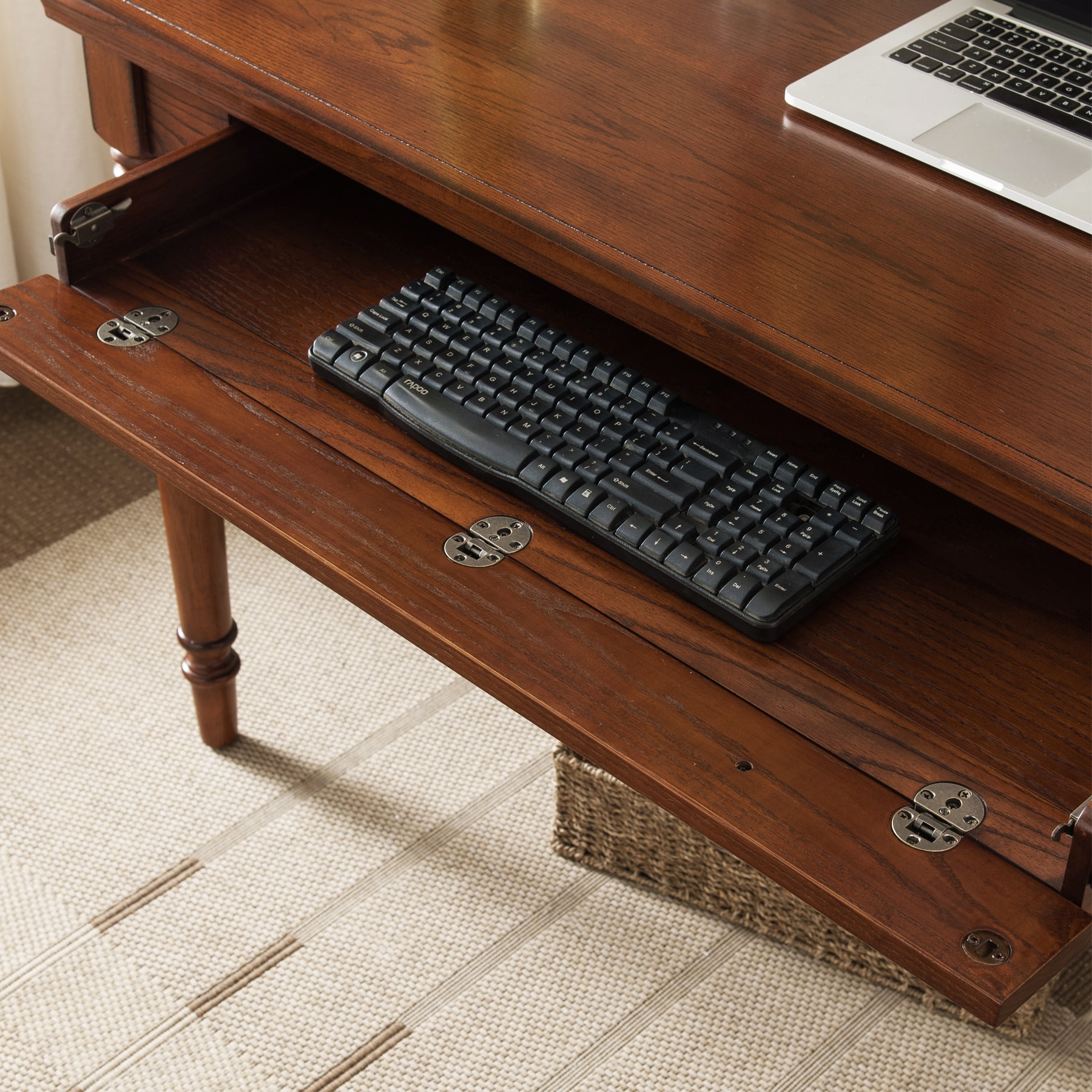 Leick Home Farmhouse Solid Wood Laptop Desk with Drop Front Keyboard Drawer, Mission Oak