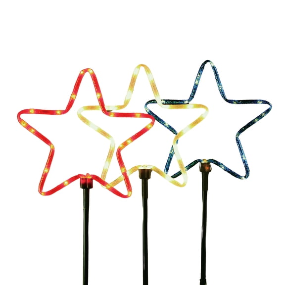 Indoor/Outdoor LED Glitter Star Lawn Stakes, Red/Warm White/Blue, 18", Set of 3, Patriotic by Way To Celebrate