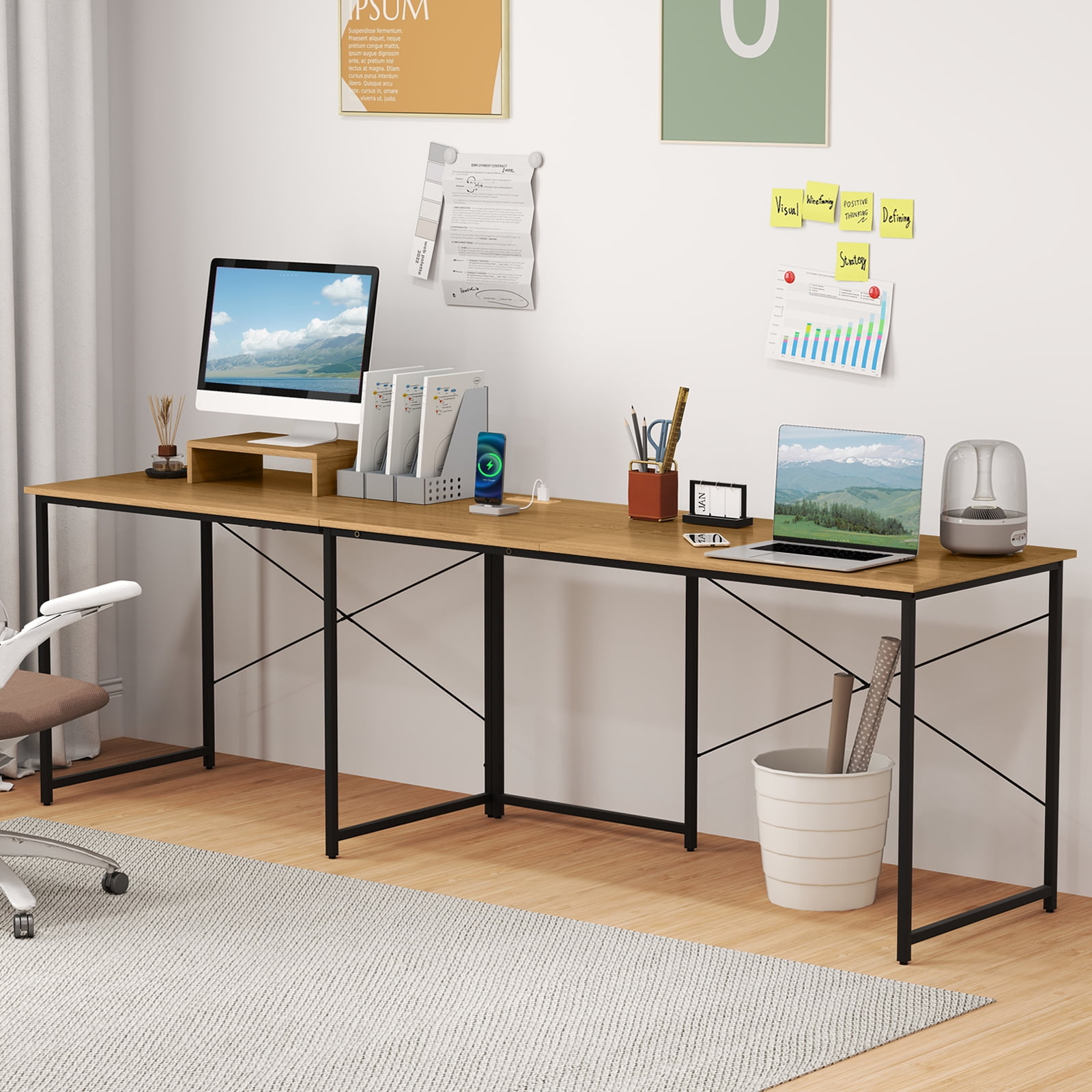 Giantex 95 Inch Reversible Corner Desk, L-Shaped Computer Desk w/Monitor Stand & 3 Cable Holes, 2-Person Long Study Writing Desk for ome Office, Natural