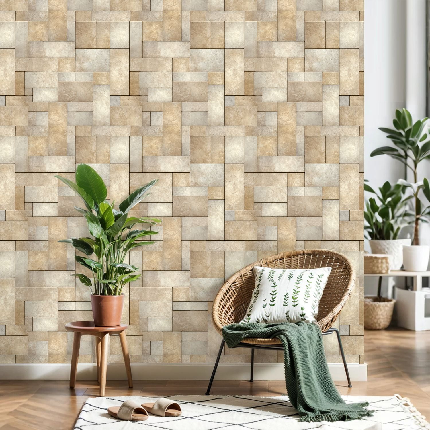 Peel and Stick Wallpaper Beige Cream Geometric Stone Tile Natural Texture 17.7in x 118in Contact Paper Removable Self Adhesive Wall Mural Wall Decor for Bedroom Kitchen Cabinets