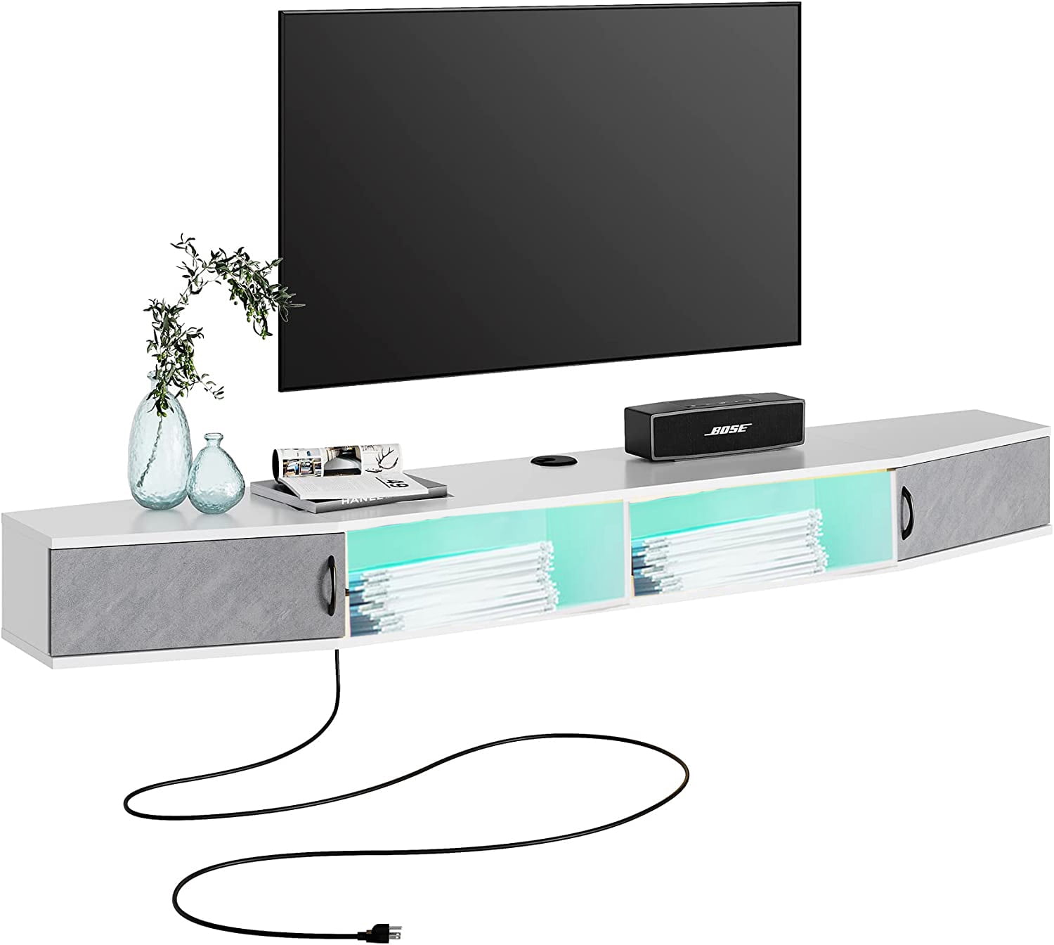 Floating TV Stand Wall Mounted Shelf with Colorful LED Lights, Wood Media Console Entertainment Center Under TV, Cabinet Hutch Desk Storage for Home and Office,Black