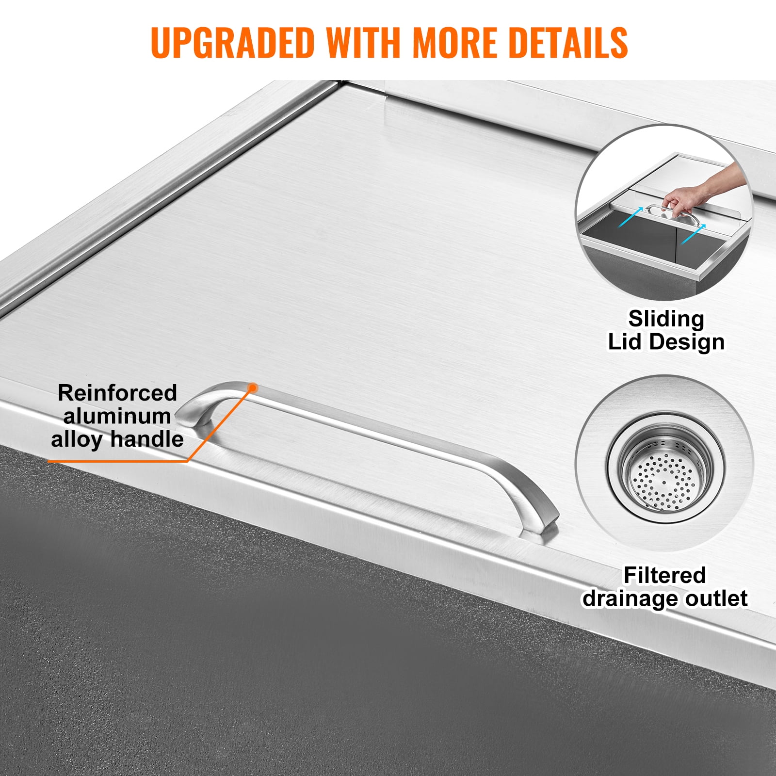 KFFKFF Drop-in Ice Chest, 27"L x 18"W x 21"H Stainless Steel Cooler, Commercial Ice Bin with Sliding Lid, 40.9 qt Outdoor Kitchen Ice Storage, Includes Drain Pipe and Plug, Ideal for Chilled Drinks