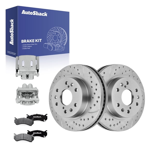 AutoShack Front Brake Rotors, Ceramic Pads & Calipers for GMC, Sierra 1500 2006, 4WD RWD V8 6.0L - Silver Zinc Coated Drilled & Slotted - SilverShield Pro - 12.99" (329.9 mm), 6-Lug