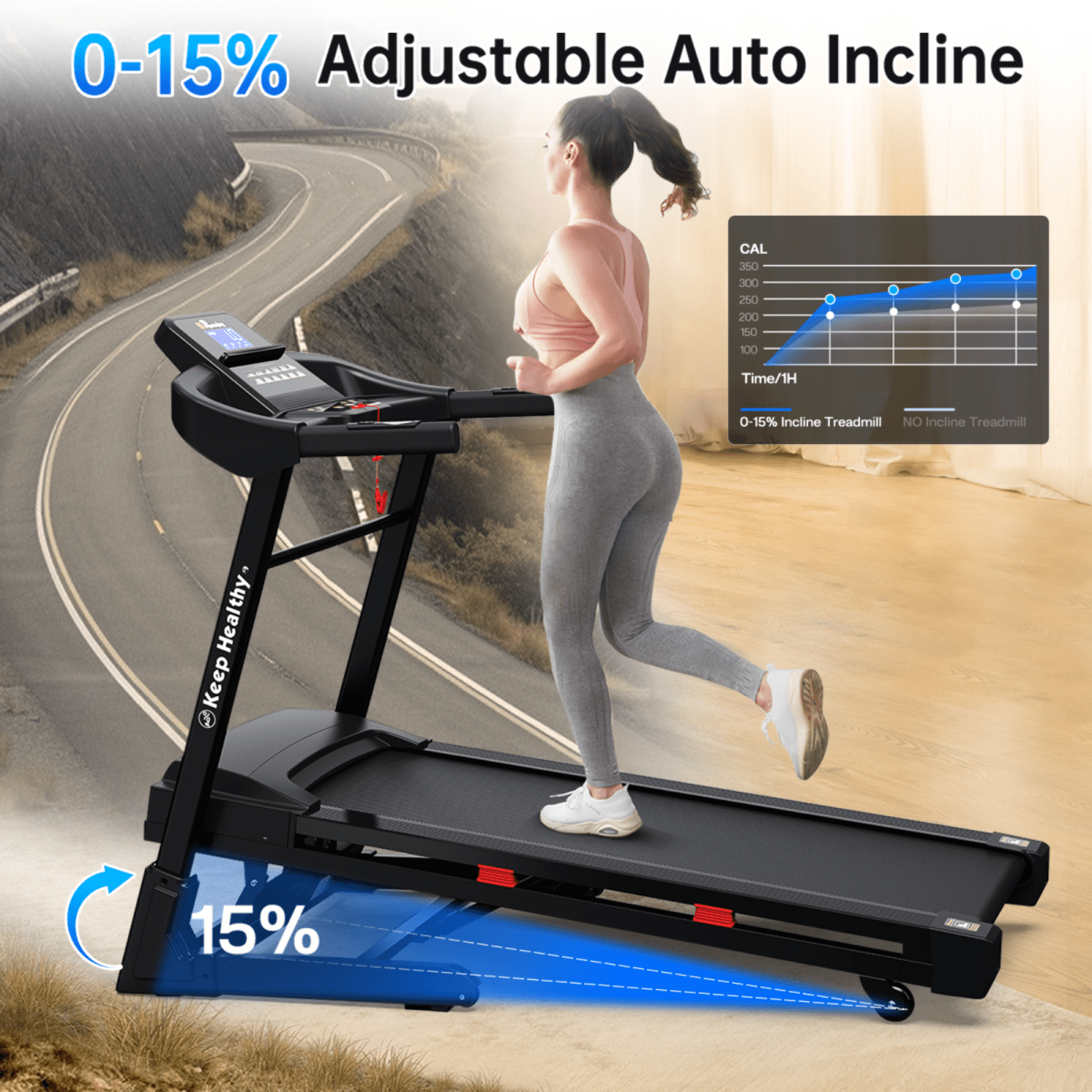 Electric Treadmill with Automatic Incline, 3.5HP Motor, 400LB Capacity, Bluetooth MP3, Shock Absorption, Foldable, APP Integration, 12 Training Programs, LCD Display