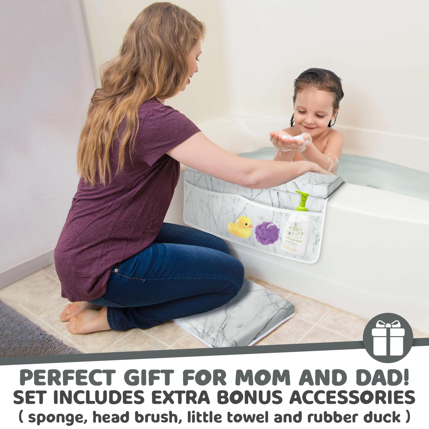 Sleepah Bath Kneeler and Elbow Kneeling Rest Pad Set for Baby Bathing – Waterproof Soft  Mat Organizer Foldable Non-Slip for Baby & Toddler Bath Time Toys Sponge Cloth (Marble)