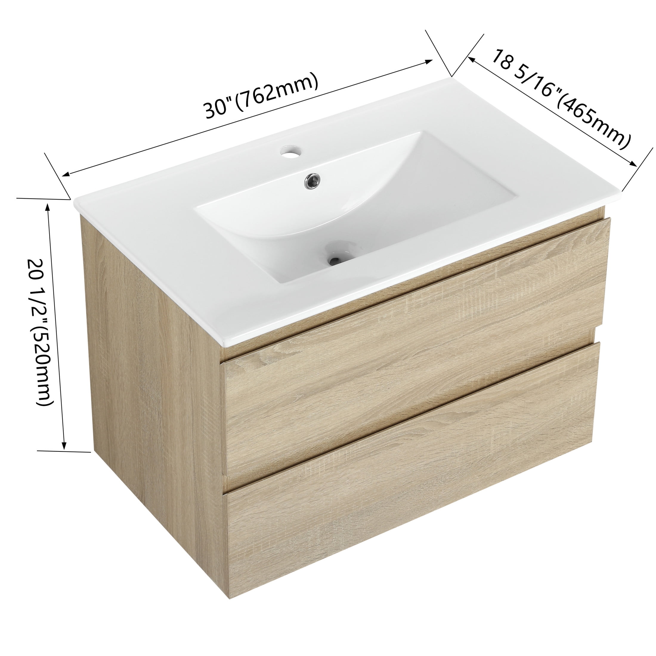 Noble House 30" Wall-Mounted Bathroom Vanity, Ceramic Sink, 2 Soft-Close Drawers, Wood Grain Finish, Light Oak