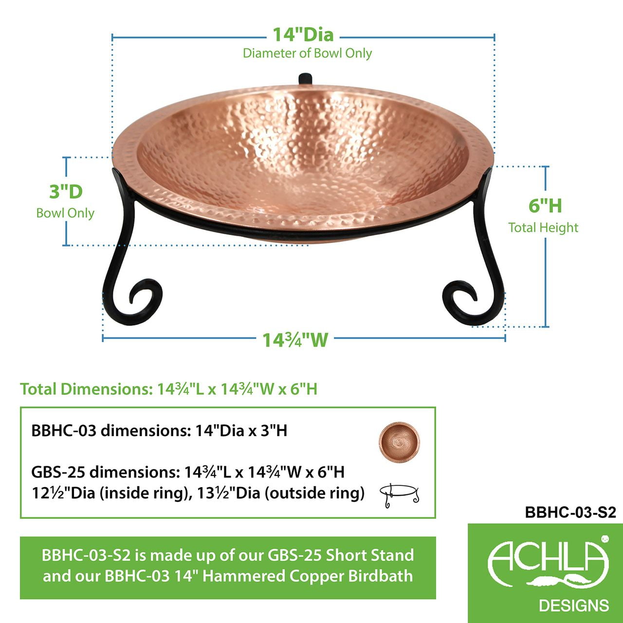 Achla BBHC-03-S2 Hammered Solid Copper Birdbath with Short Stand