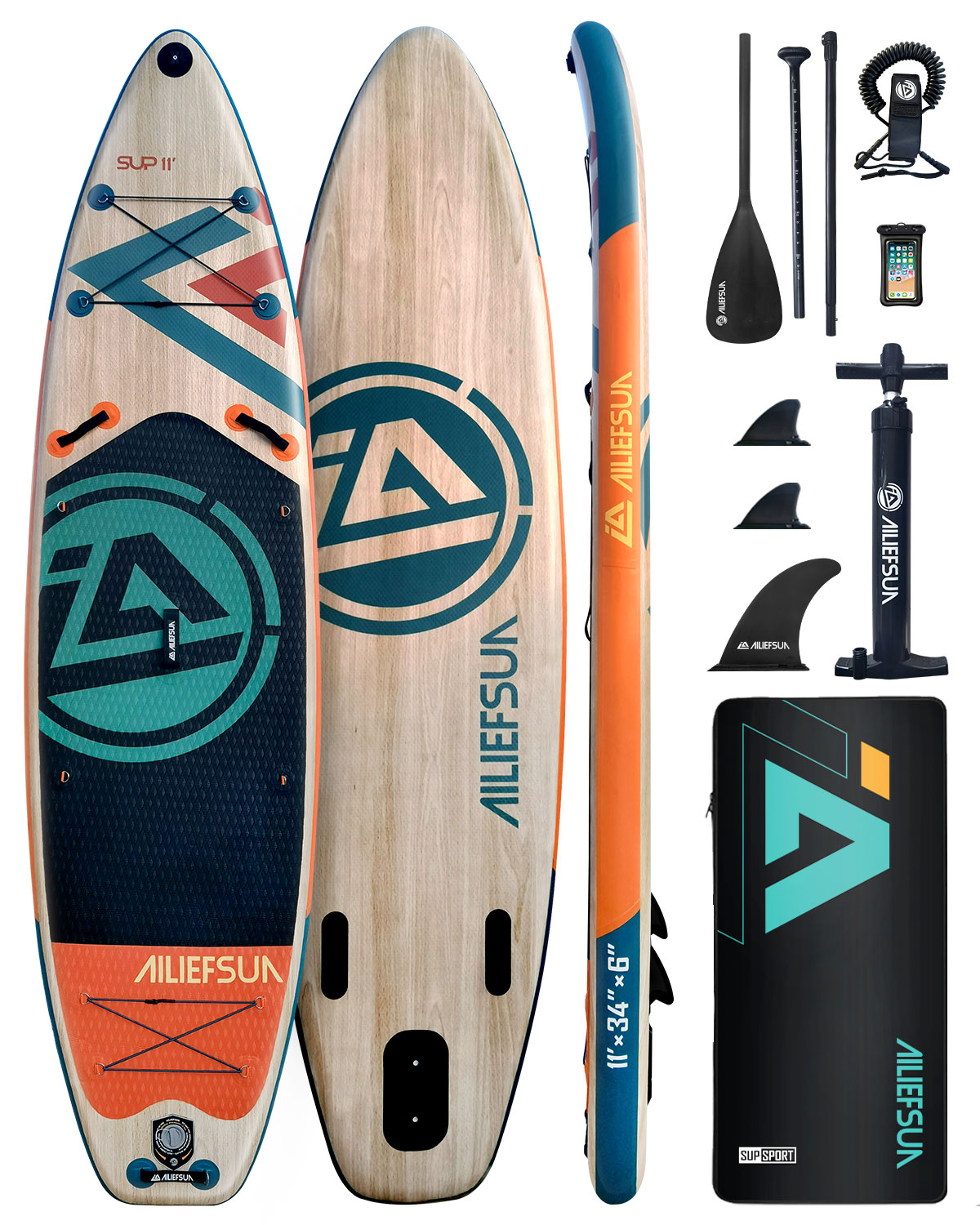AILIEFSUN Wood Grain, 11'*34”*6“Ailiefsun Stand Up Paddle Board Inflatable Stable Sup Board with Fishing Paddleboards Accessories for Adults Youth Wide Non-Slip Deck Surfboard