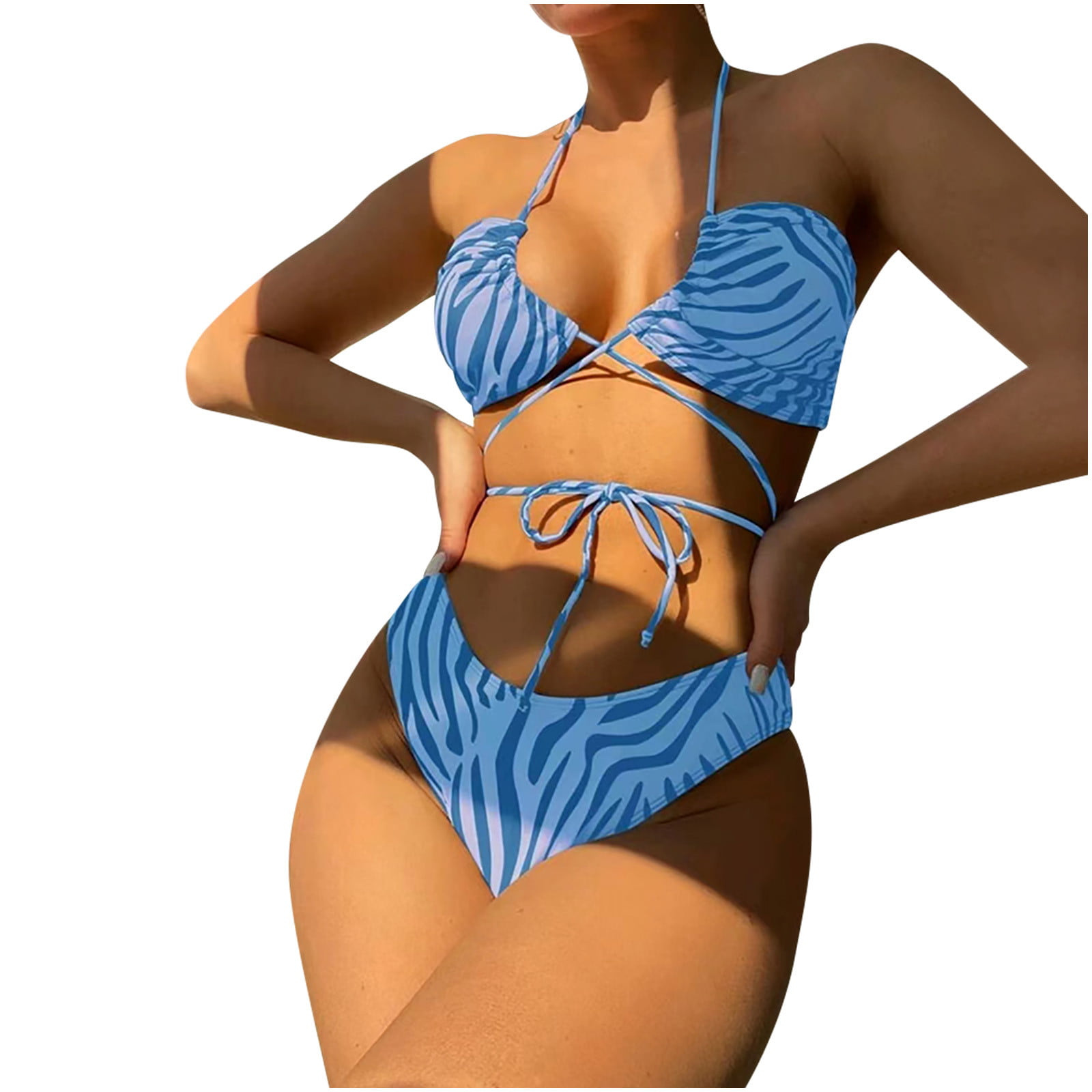KBODIU Fashion Casual Split Sexy Tie Halter Backless Crystal Thong  Three-Piece Beach Womens Swimsuits Bikini Sets Tankini Bathing Suits for  Women Blue