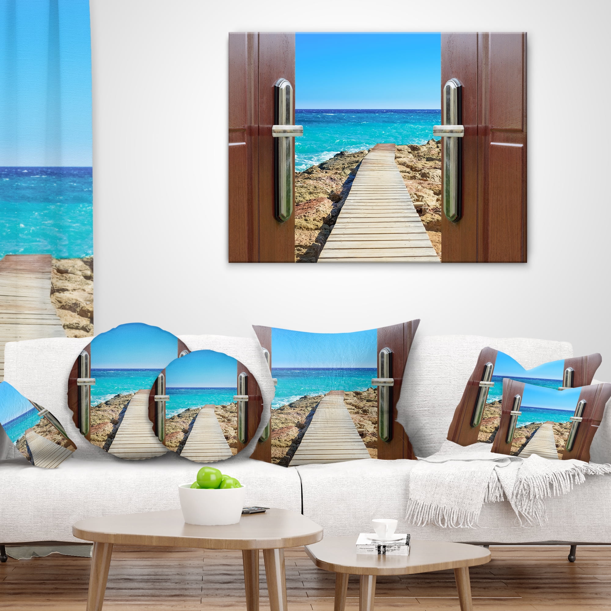 Designart Door Open to Wooden Ocean Pier - Wooden Sea Bridge Throw Pillow - 12x20
