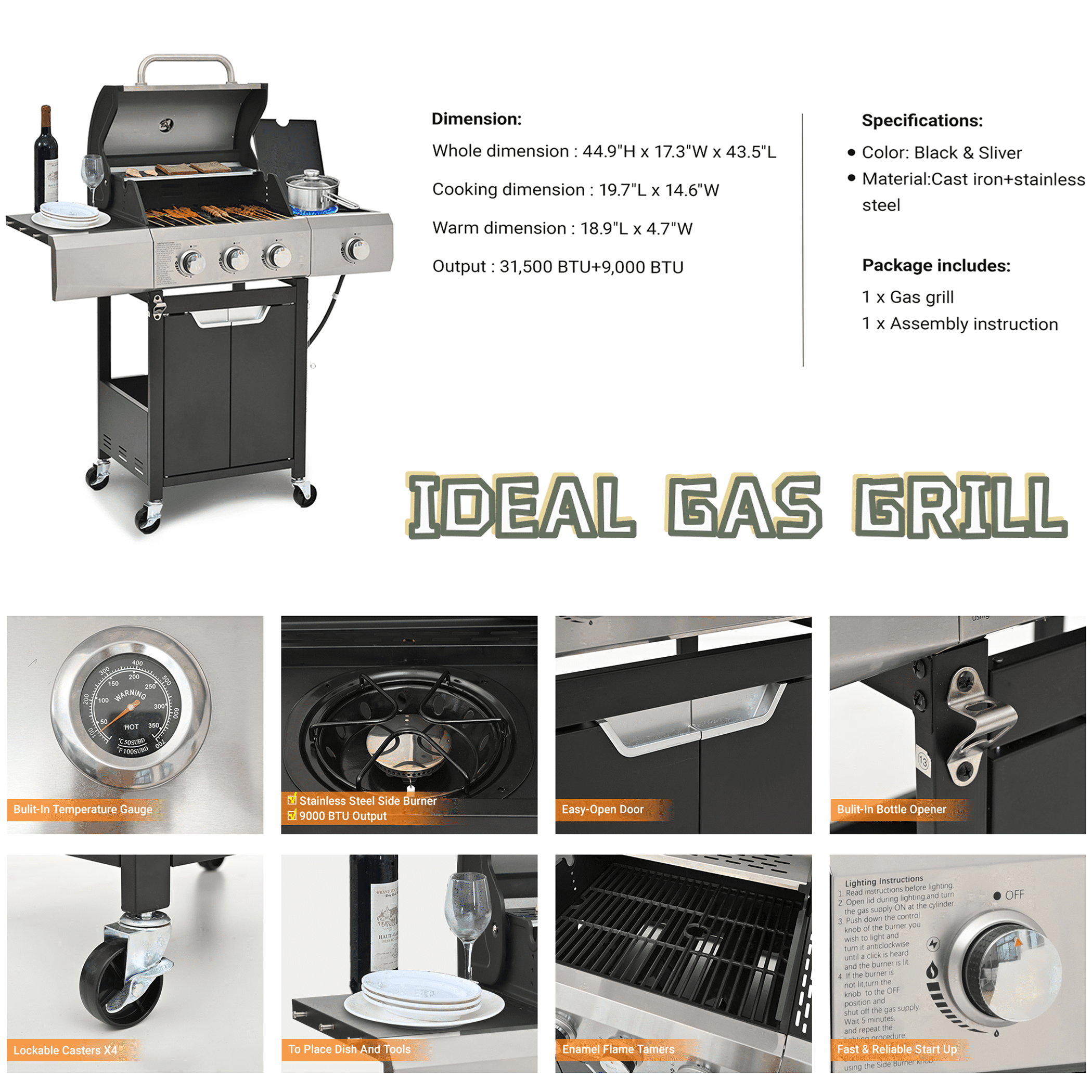 Syngar 3-Burner Propane Gas Grill with Side Burner, 40,500 BTU Outdoor BBQ Grill with 287 sq.in. Main Cooking Area, Stainless Steel Construction, Side Shelf, Ideal for Patio, Backyard, Garden