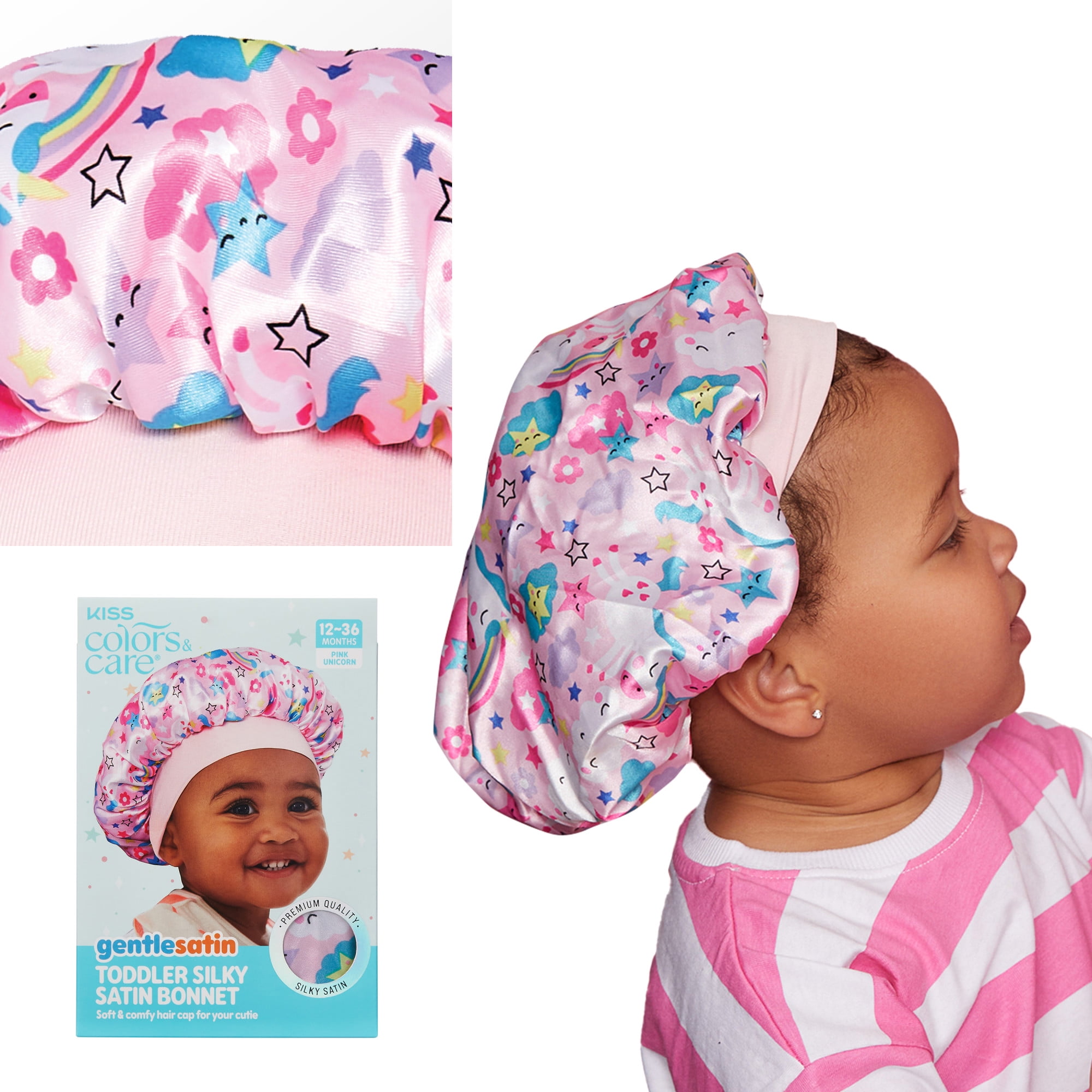 (2 pack) Kiss Colors & Care Toddler Silky Satin Bonnet, 12-36 Mos. – Pink Unicorn