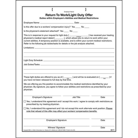 Employee Return to Work with Restrictions Form, 8.5 x 11, 75 Pack