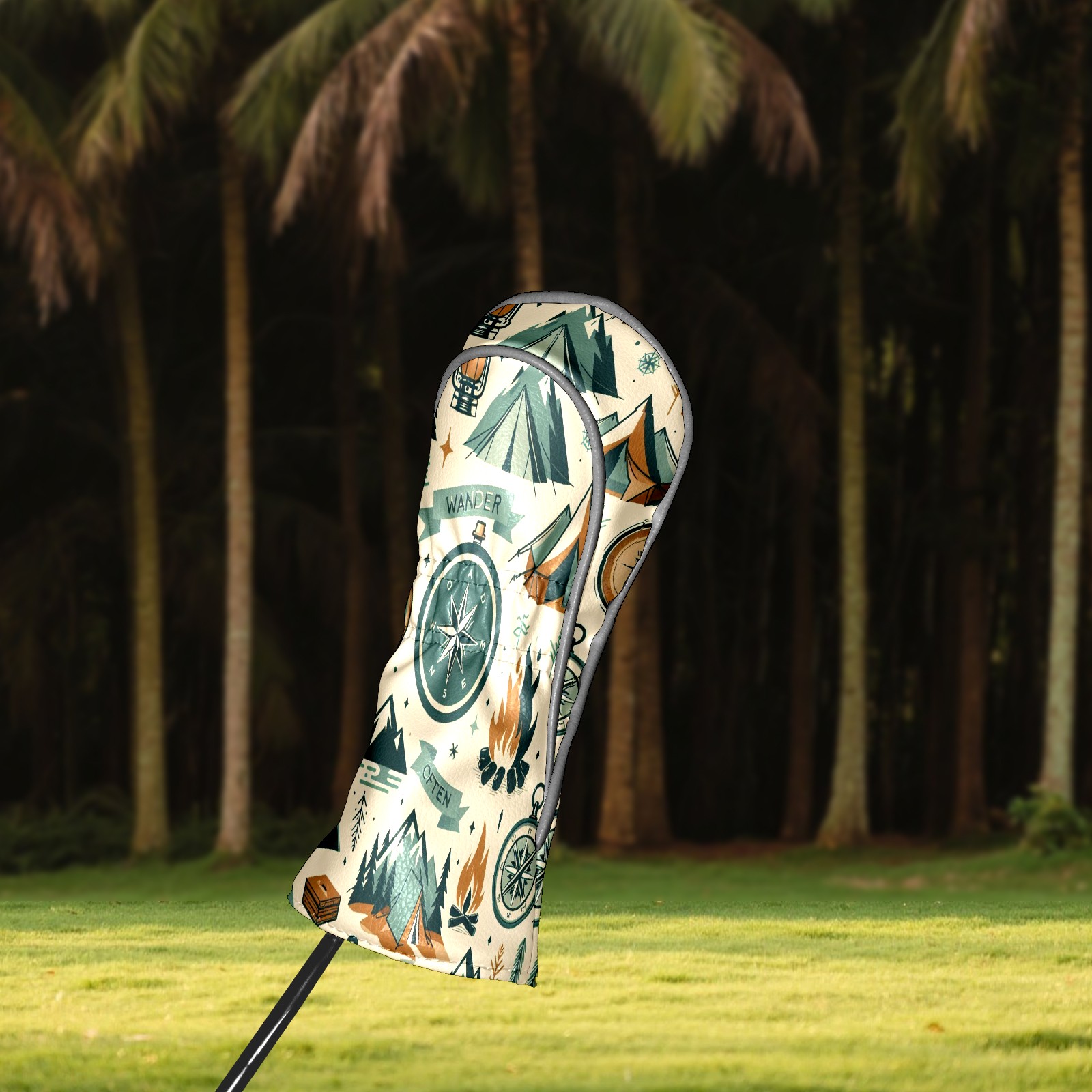 Golf Club Covers, Beige Camping Icons Premium PU Leather Driver Hybrid Putter Head Covers with Velvet Lining, Waterproof Golf Gifts for Men Women