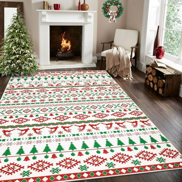 HiiARug Tapis de Noël 5x7 Blanc Rouge Flocon de Neige Arbre de Noël Tapis Lavable Antidérapant Géométrique Tapis de Noël pour Salon Chambre Salle à Manger