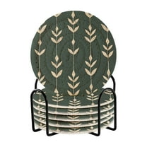 Yayeee 6 PCS Drink Coasters with Holder Set Woven Absorbent Round Tabletop Hot Pad, Green Plants