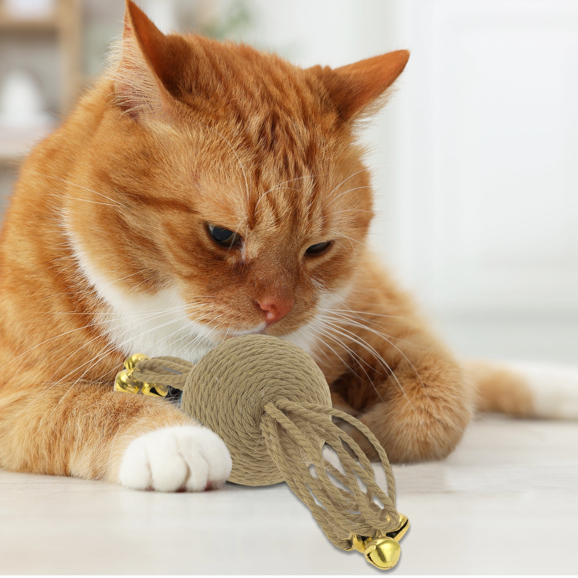 Unique Bargains Cat Playing Ball with Bell for Indoor Khaki