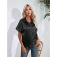 thumbnail image 4 of Women'S Solid Color Button Down Satin Silk Blouse Light-Weight Work Shirts V Neck Long Sleeve Lapel Top Black L, 4 of 7