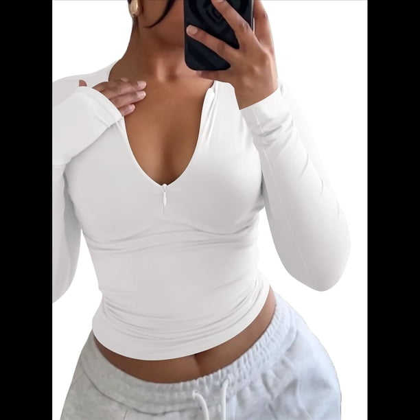 Top Corto de Larga con Cuello en V y Cremallera de un Cuarto para Mujer, Moda de Otoño 2025 L