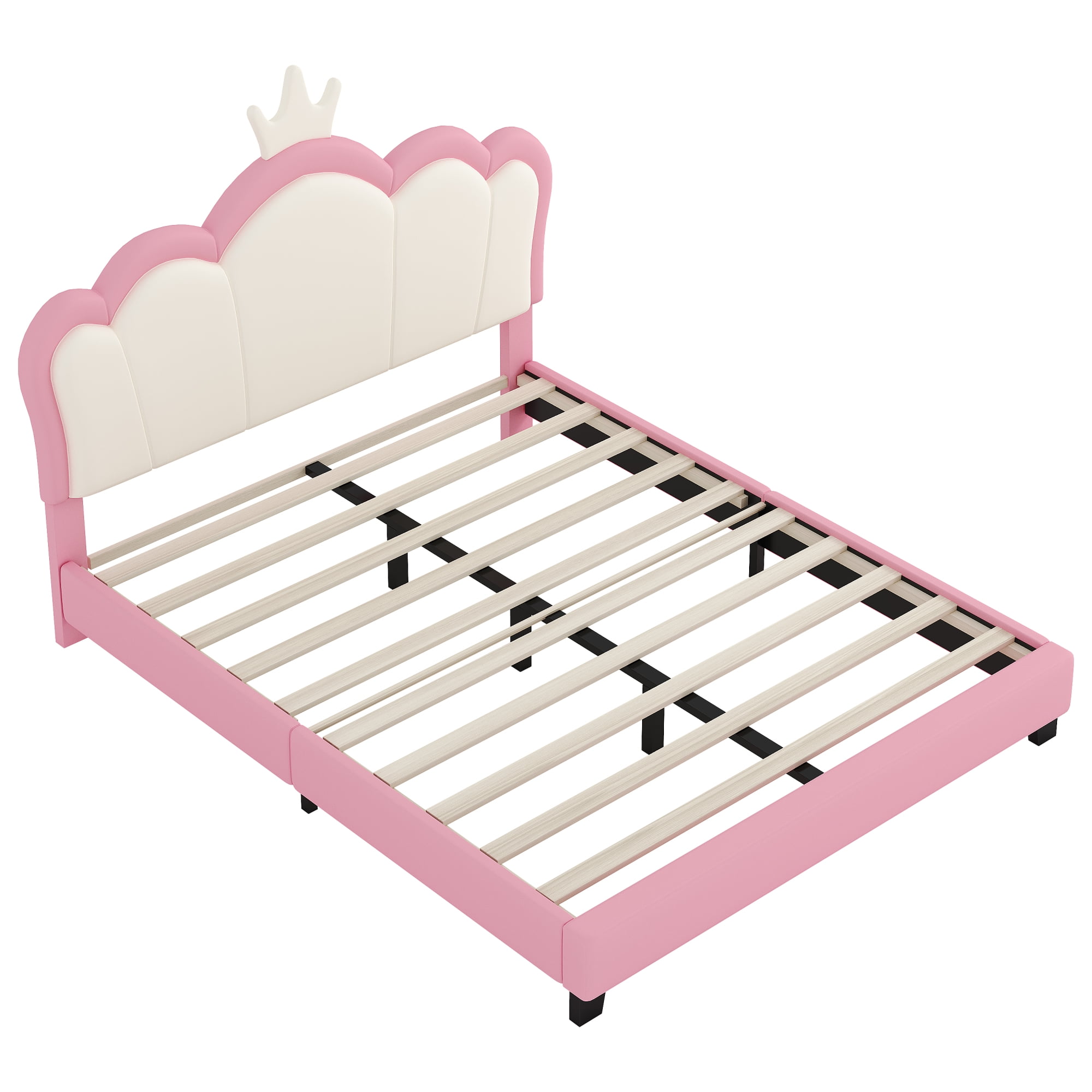 Jopath Full Size Upholstered Bed, Princess Platform Bed with Headboard, Crown Headboard Design for Toddler Kids Teens Pink